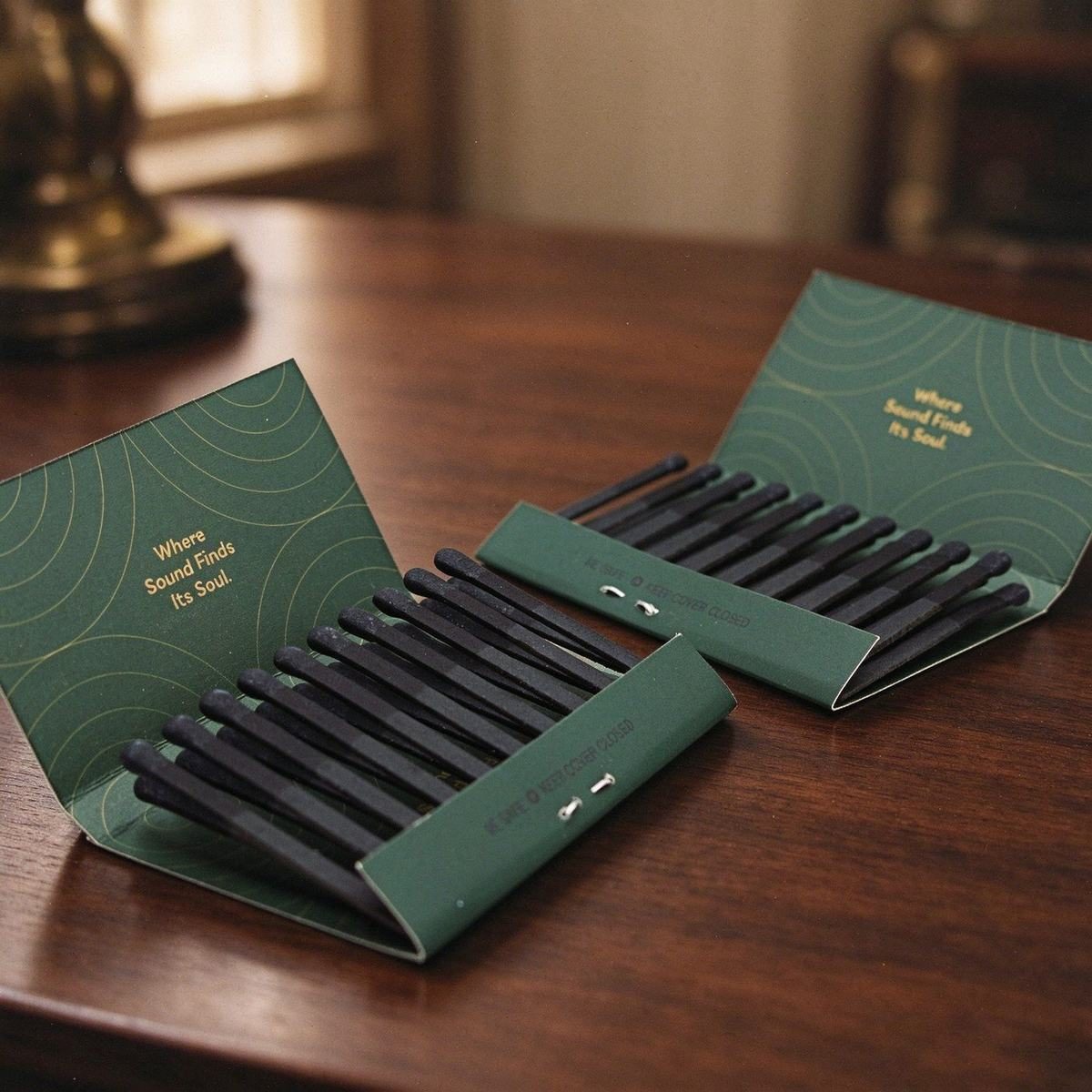 Dark green printed matchboxes in display tray